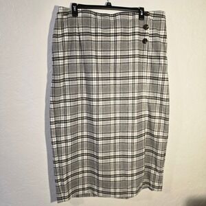 Jessica London 24W Plaid Wool Blend Skirt Button Accent Elastic Waist Lined